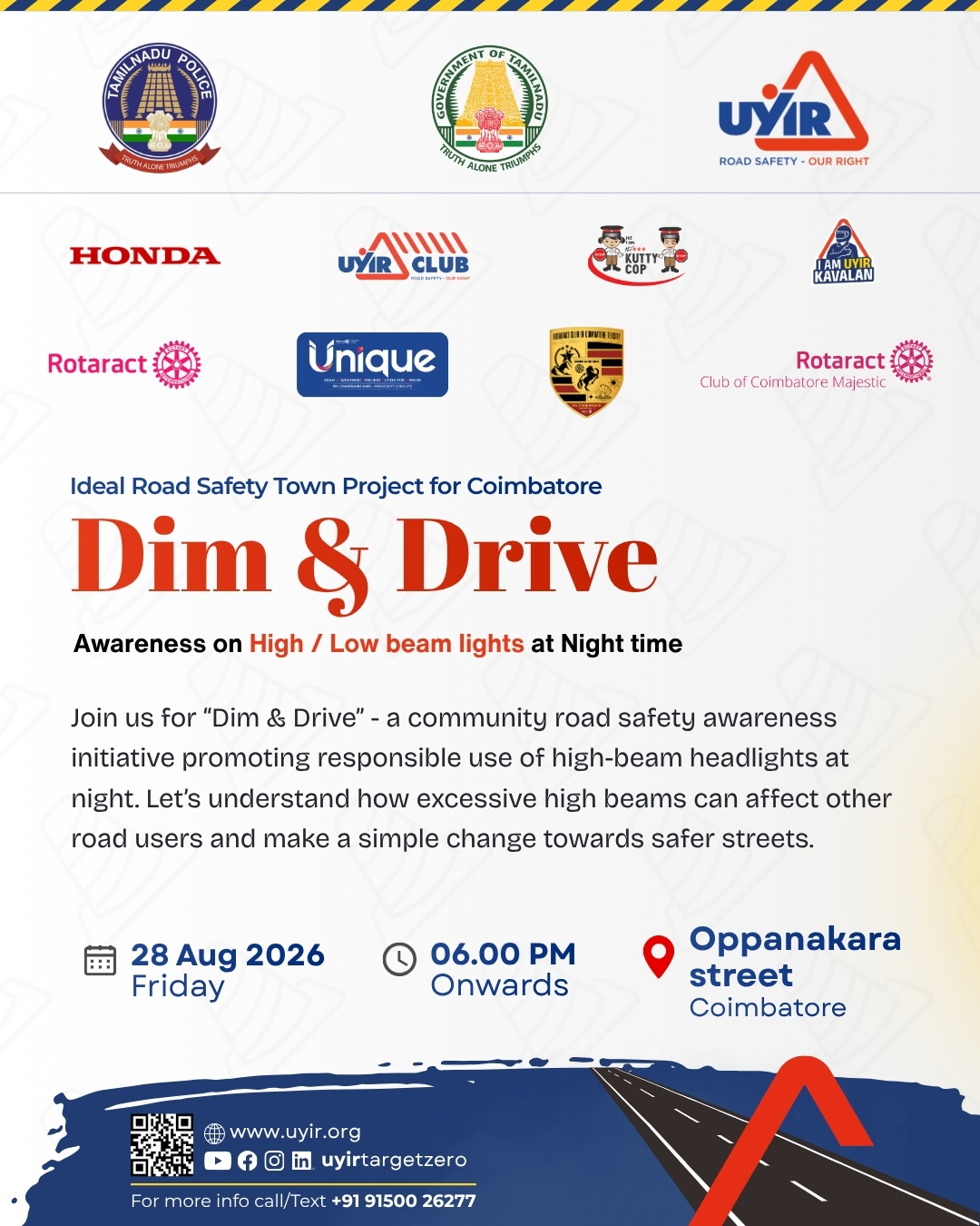 UYIR Dim & Drive Road Safety Awareness campaign promoting responsible high and low beam usage at night in Oppanakara Street, Coimbatore